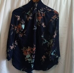S.R. XL Women's Navy Floral Zipper V Neck Keyhole Blouse Flowy Flowers Classy